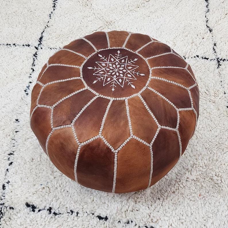 Moroccan Leather Pouf — lifestyle scene in a US home