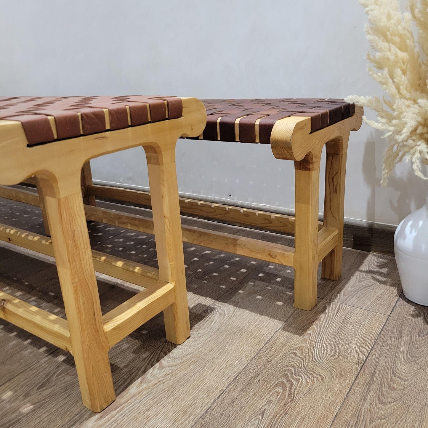 Woven Leather Bench — accent piece in bohemian interior