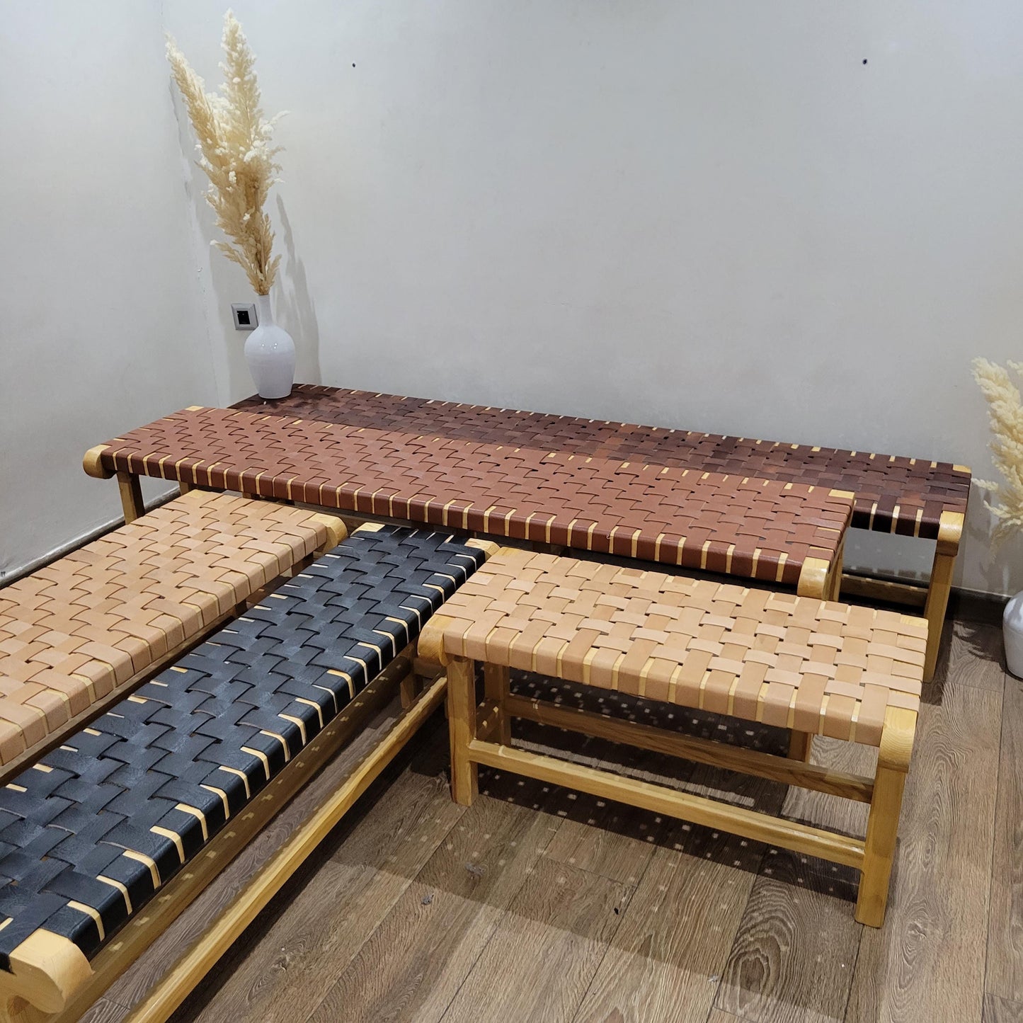 Woven Leather Bench — three-quarter angle