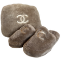 Chanel Brown Fur Pouch & Mule Slippers Set