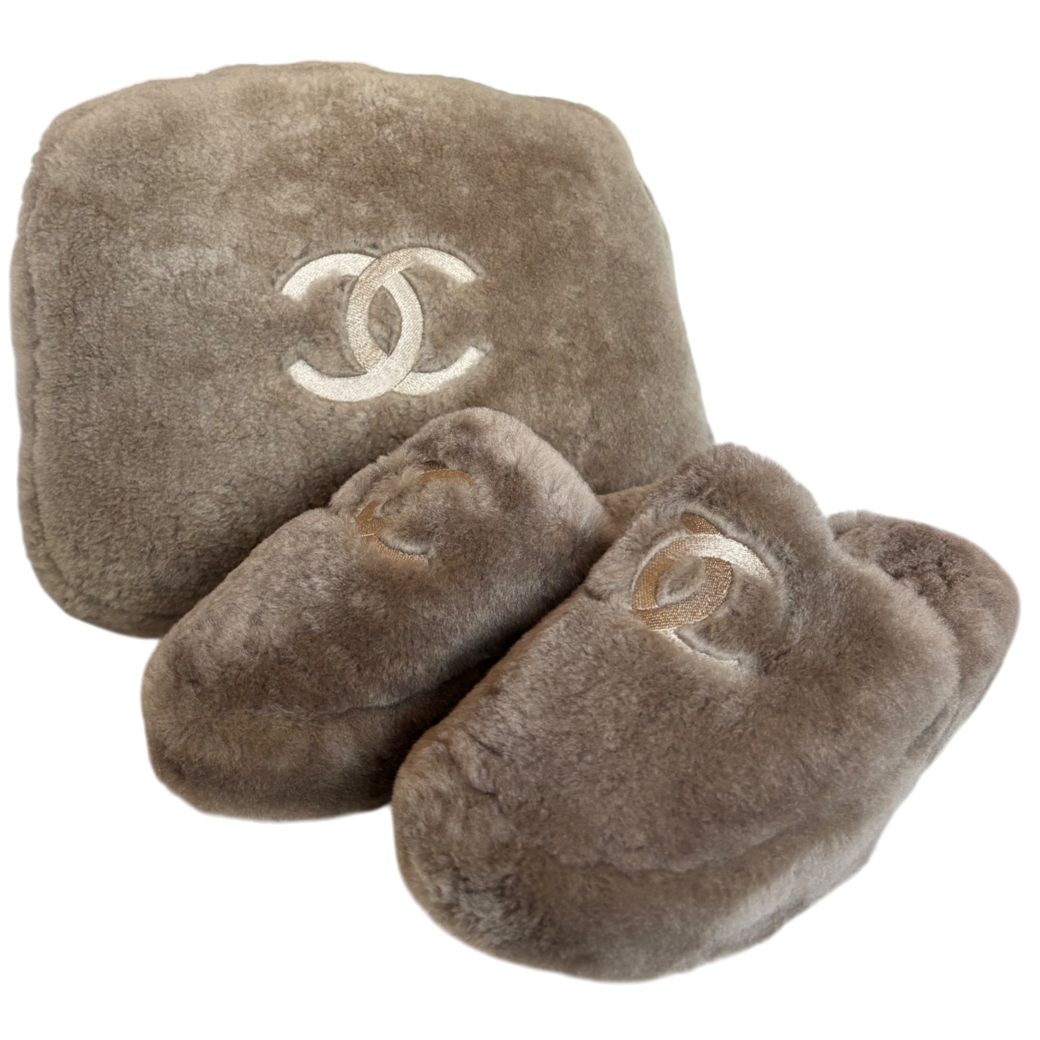 Chanel Brown Fur Pouch & Mule Slippers Set