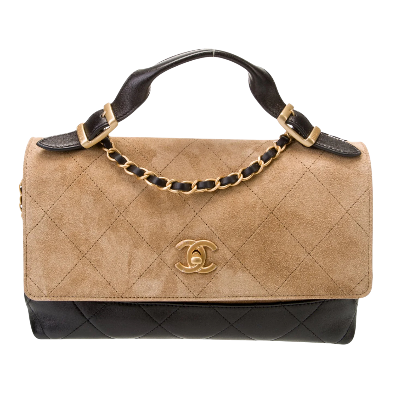 Chanel Large Flap Bag With Top Handle Suede Calfskin Shiny Lambskin Gold Hardware