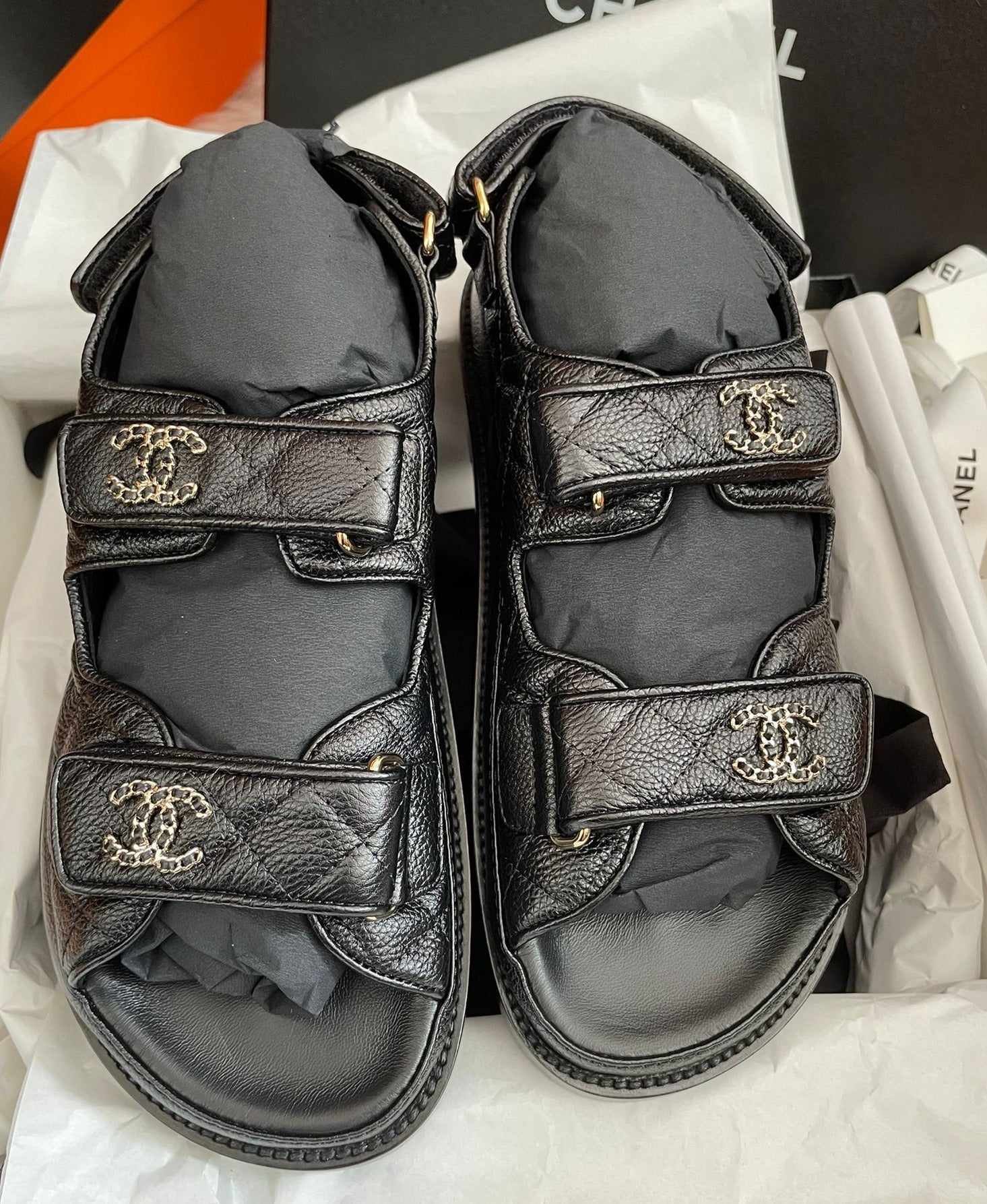 Chanel Caviar Leather CC 'Dad' Sandals (Black/Gold)