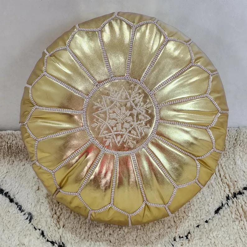 Moroccan Leather Pouf — styled in a modern boho living room