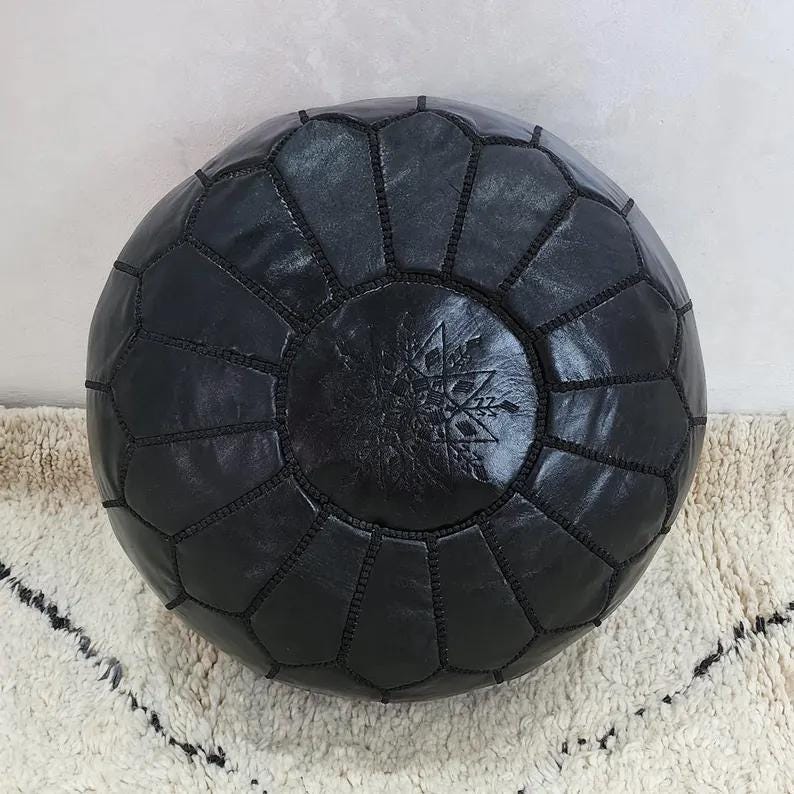 Moroccan Leather Pouf — alternate angle showing scale