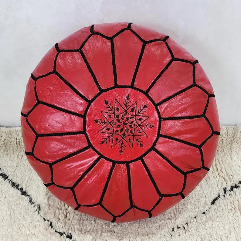 Moroccan Leather Pouf — side view of artisan stitching