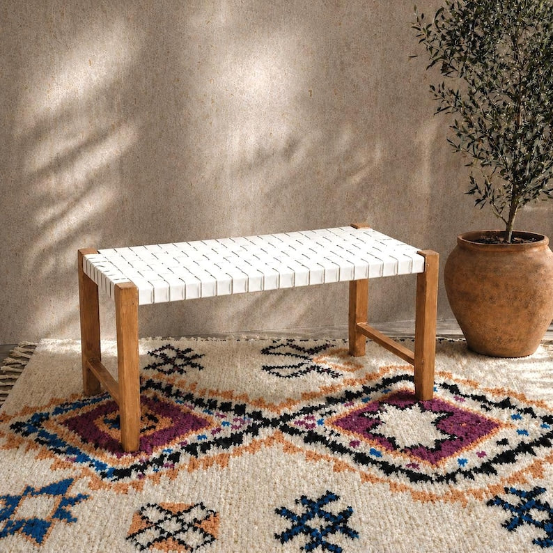 Moroccan Wooden Bench — alternate angle showing scale