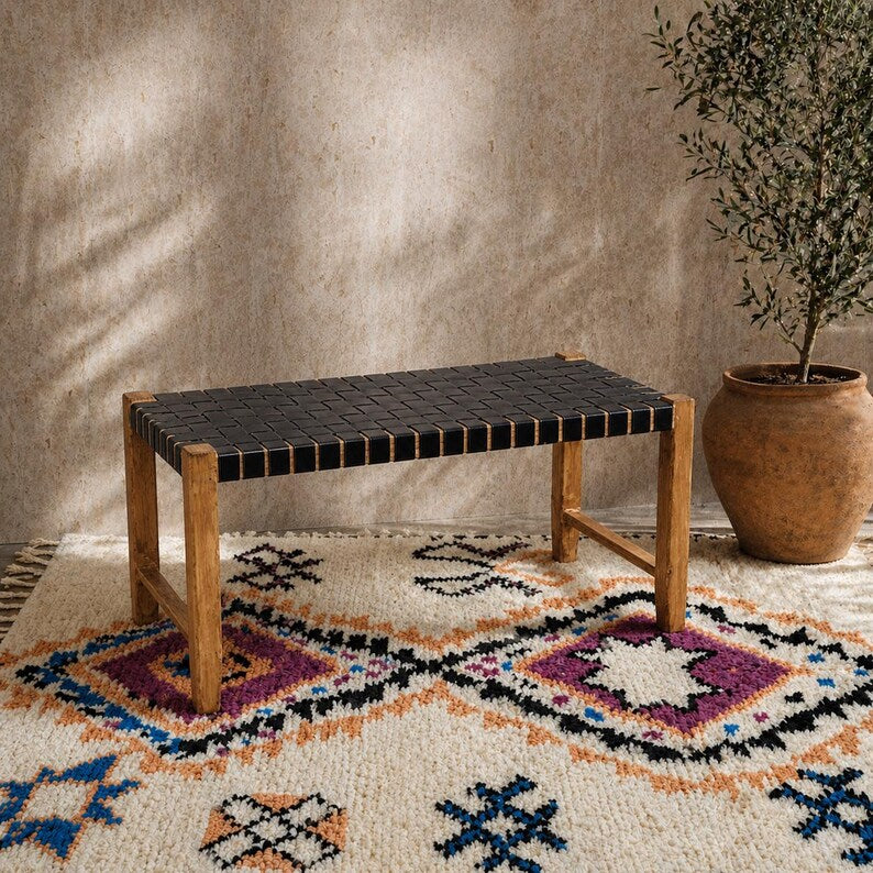 Moroccan Wooden Bench — styled in a modern boho living room