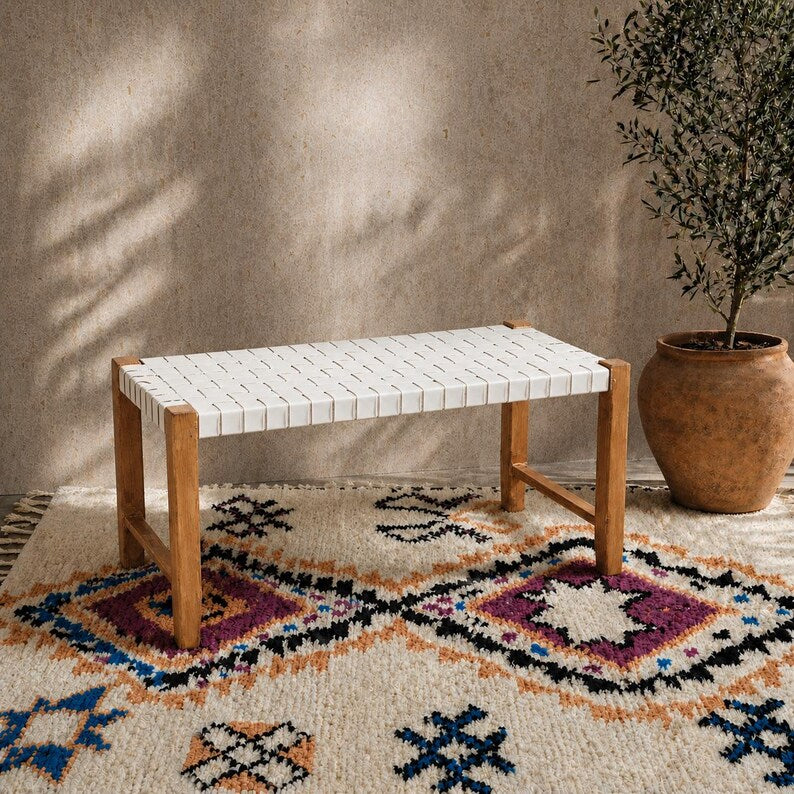 Moroccan Wooden Bench — styled in a modern boho living room