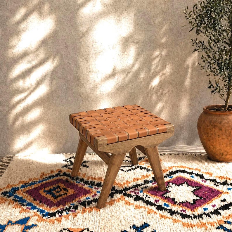 Moroccan Foot Stool — side view of artisan stitching