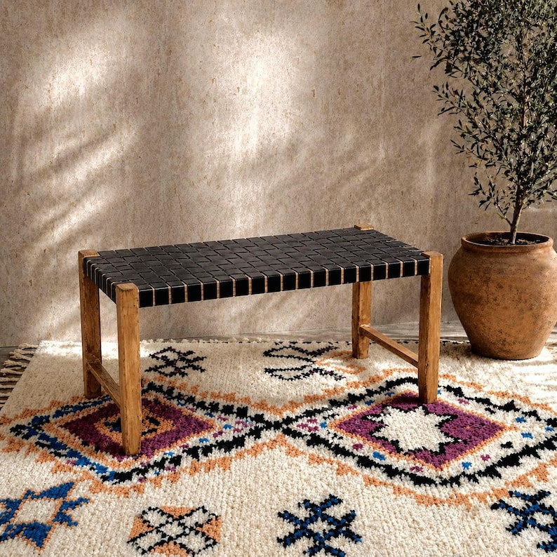 Moroccan Wooden Bench — alternate angle showing scale