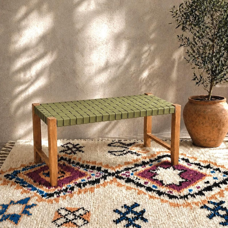 Moroccan Wooden Bench — detail of woven craftsmanship