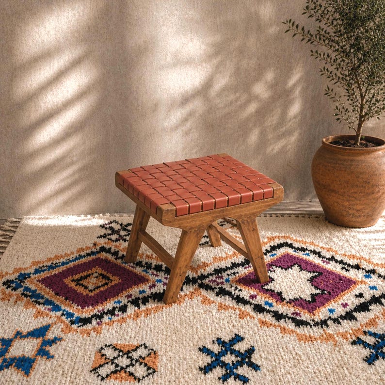 Moroccan Foot Stool — side view of artisan stitching