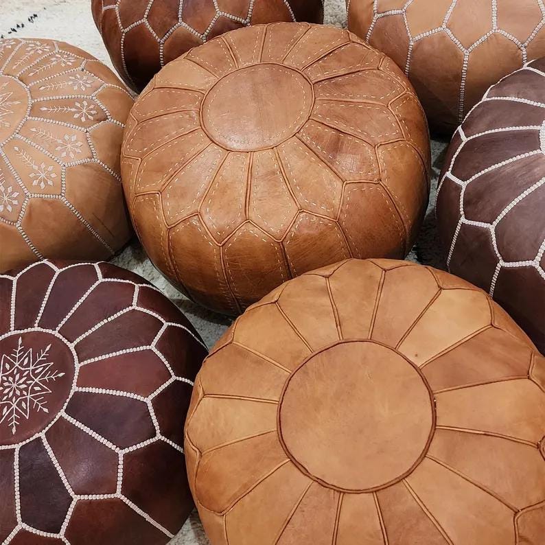 Moroccan Leather Pouf — full view of handcrafted detail