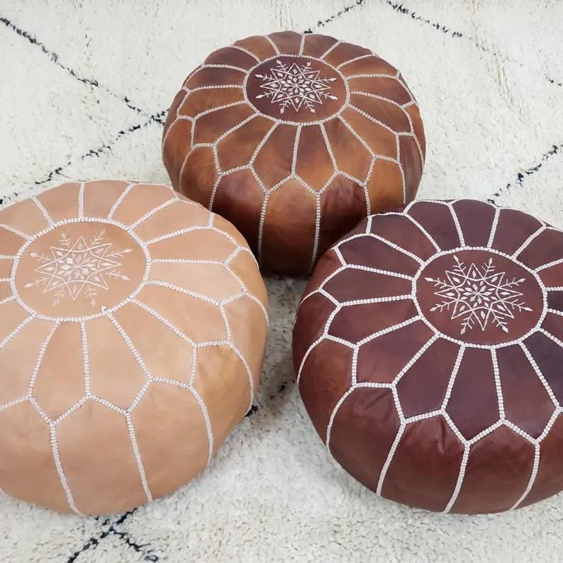 Moroccan Leather Pouf — side view of artisan stitching
