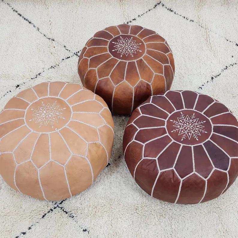 Moroccan Leather Pouf — top view showing weave pattern