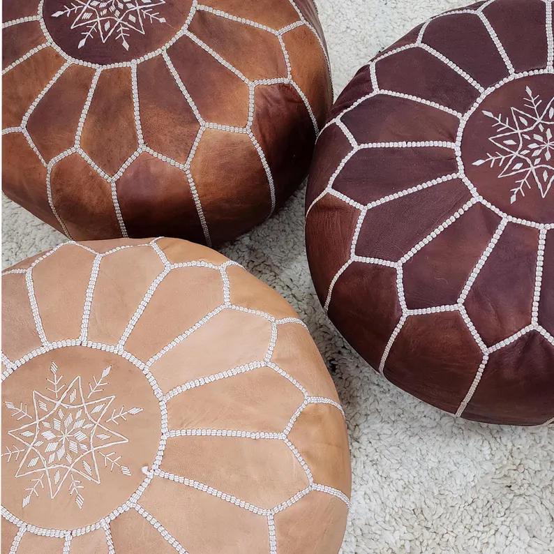 Moroccan Leather Pouf — lifestyle scene in a US home