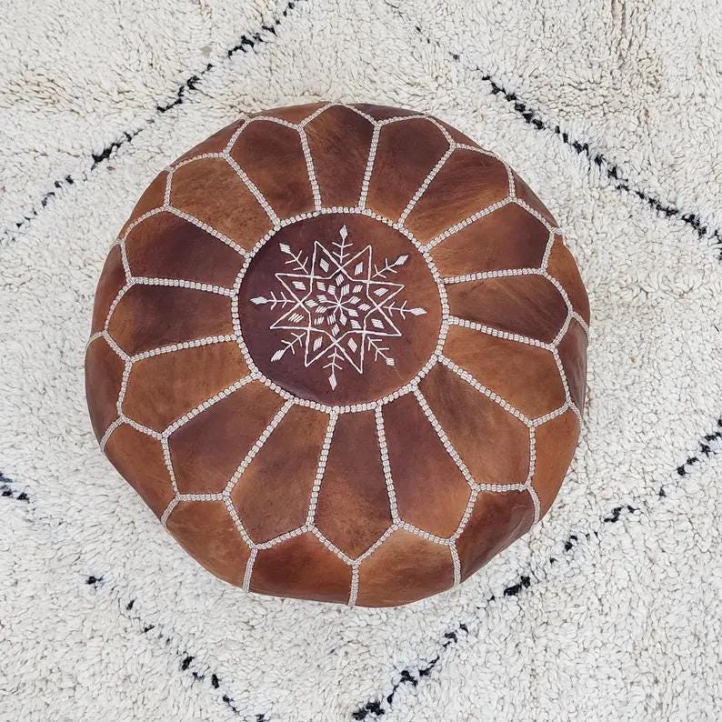 Moroccan Leather Pouf — natural color, artisan finish