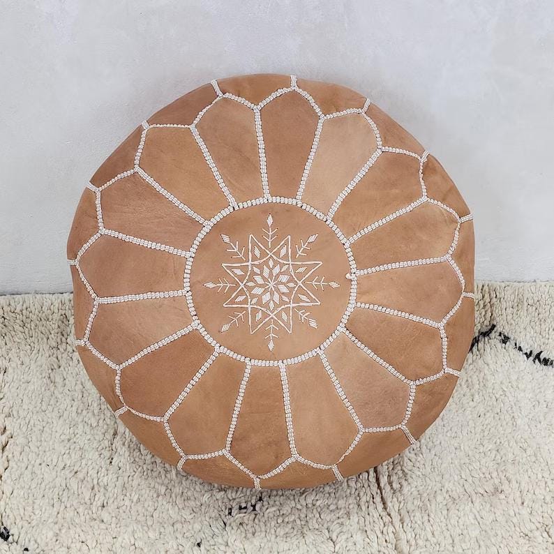 Round Moroccan Leather Pouf — Boho Floor Cushion