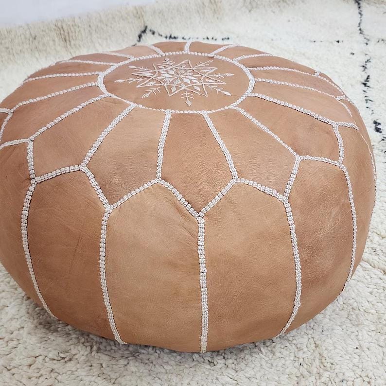 Moroccan Leather Pouf — side view of artisan stitching