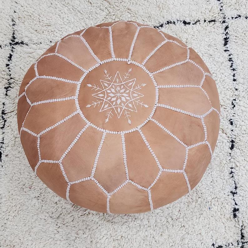 Moroccan Leather Pouf — alternate angle showing scale