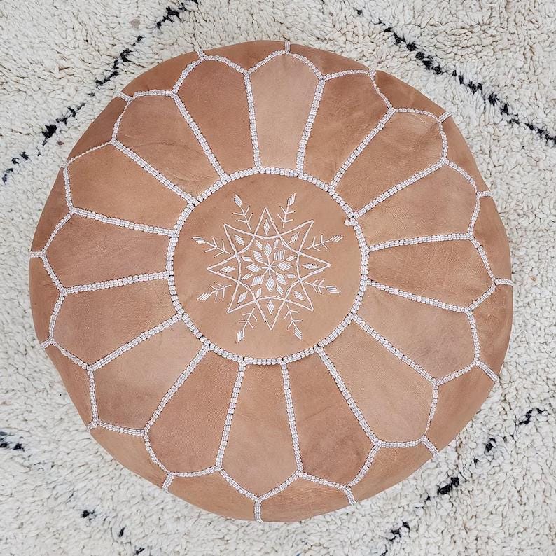 Moroccan Leather Pouf — lifestyle scene in a US home