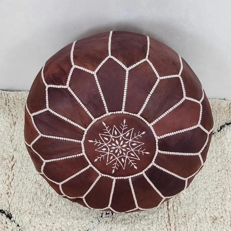 Moroccan Leather Pouf — side view of artisan stitching
