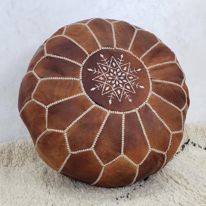 Moroccan Leather Pouf — alternate angle showing scale