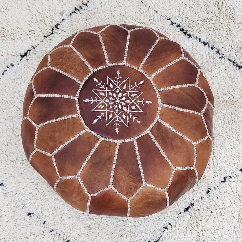 Moroccan Leather Pouf — top view showing weave pattern