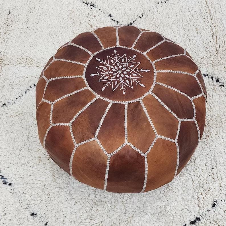 Moroccan Leather Pouf — side view of artisan stitching