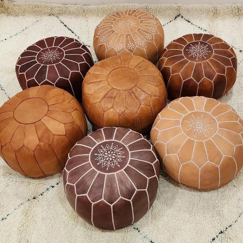 Moroccan Leather Pouf — Natural Boho Ottoman
