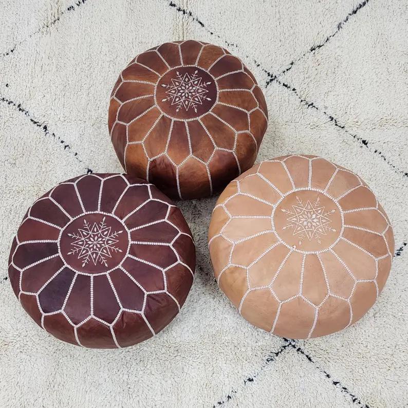 Moroccan Leather Pouf — alternate angle showing scale