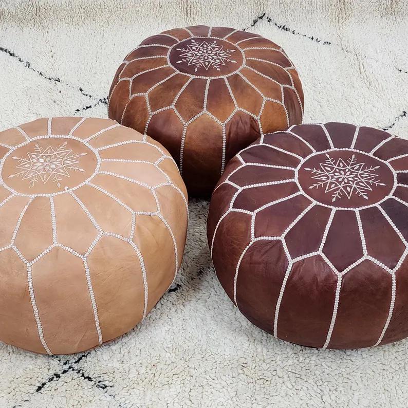 Moroccan Leather Pouf — paired with neutral home decor