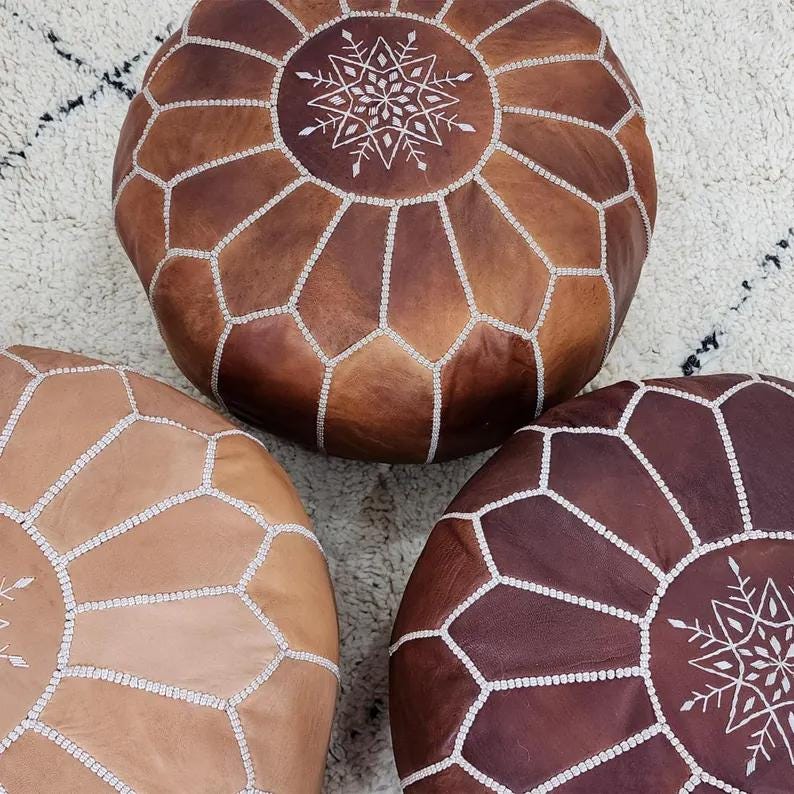 Moroccan Leather Pouf — three-quarter angle
