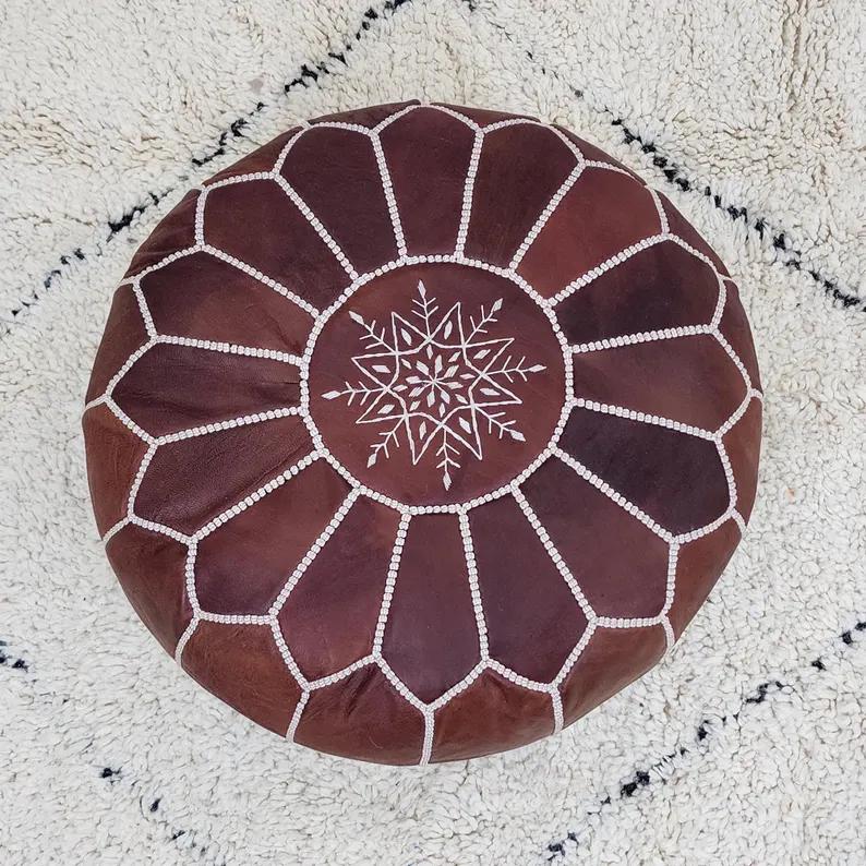 Moroccan Leather Pouf — close-up showing handmade quality