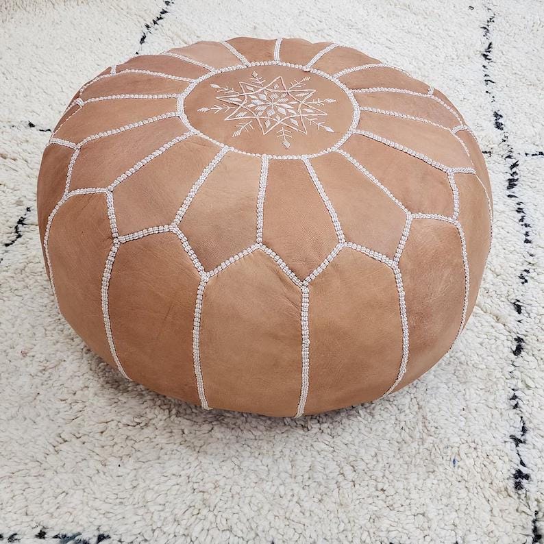 Moroccan Leather Pouf — styled in a modern boho living room