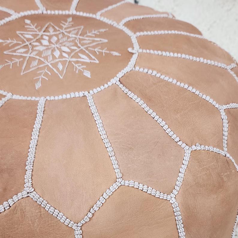 Moroccan Leather Pouf — top view showing weave pattern