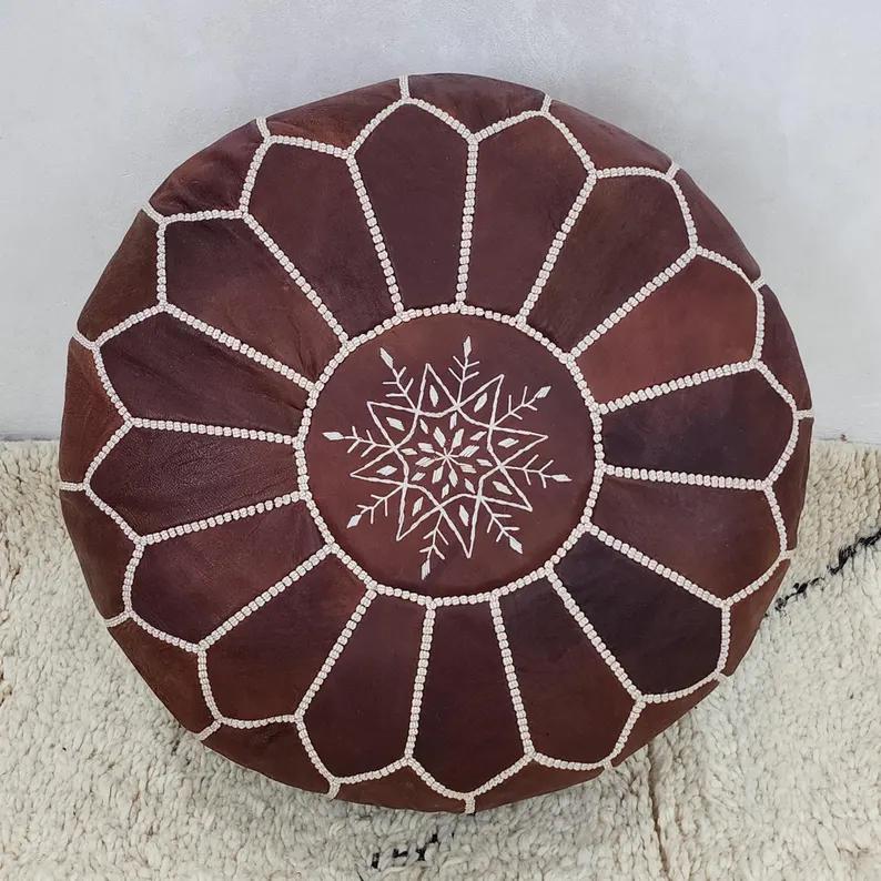 Luxury Leather Pouf Ottoman — Elegant Round Footstool