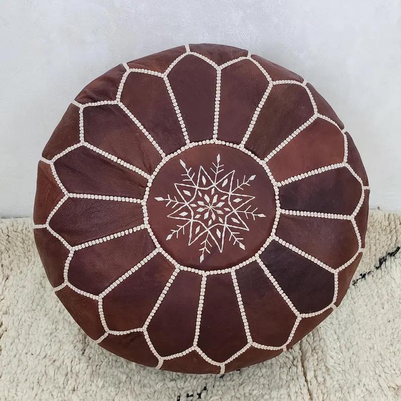 Moroccan Leather Pouf — alternate angle showing scale