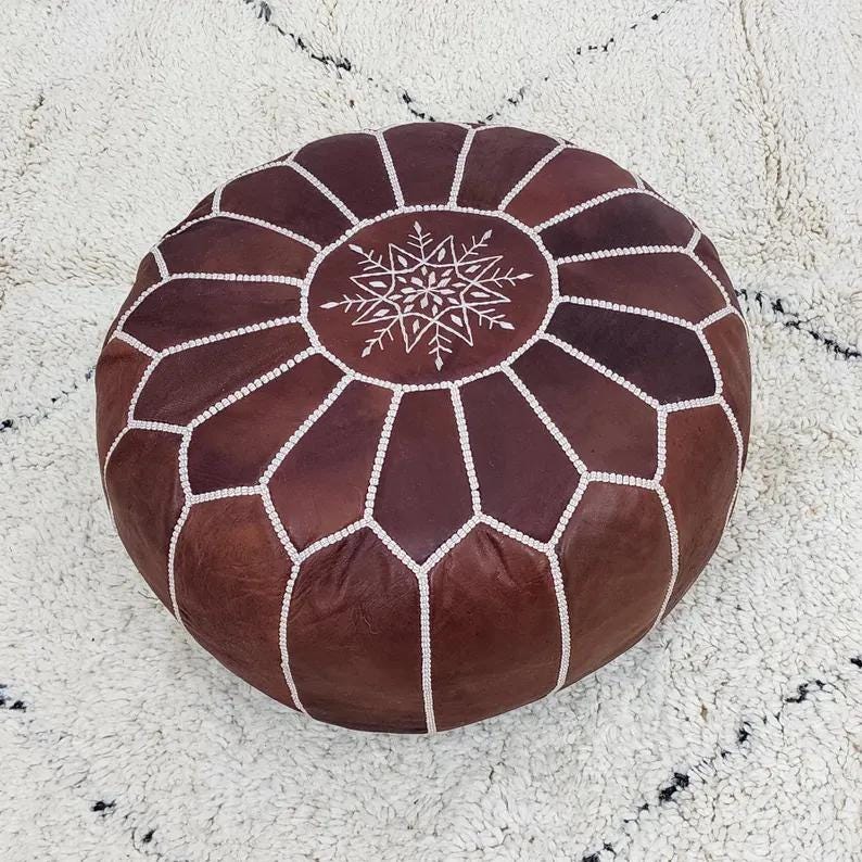 Moroccan Leather Pouf — top view showing weave pattern