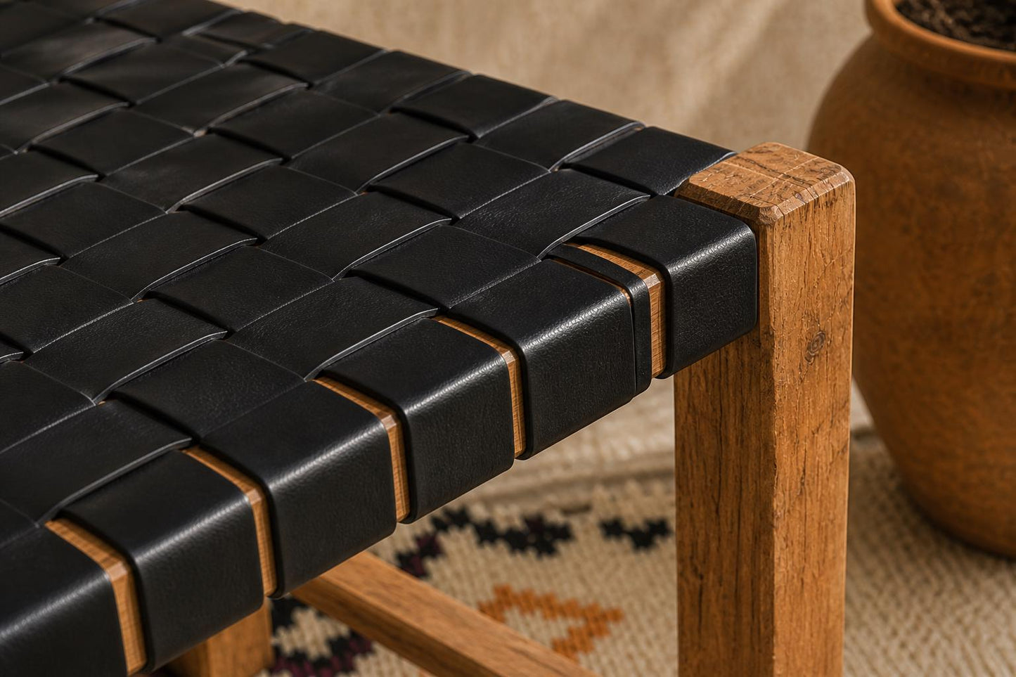 Moroccan Wooden Bench — three-quarter angle