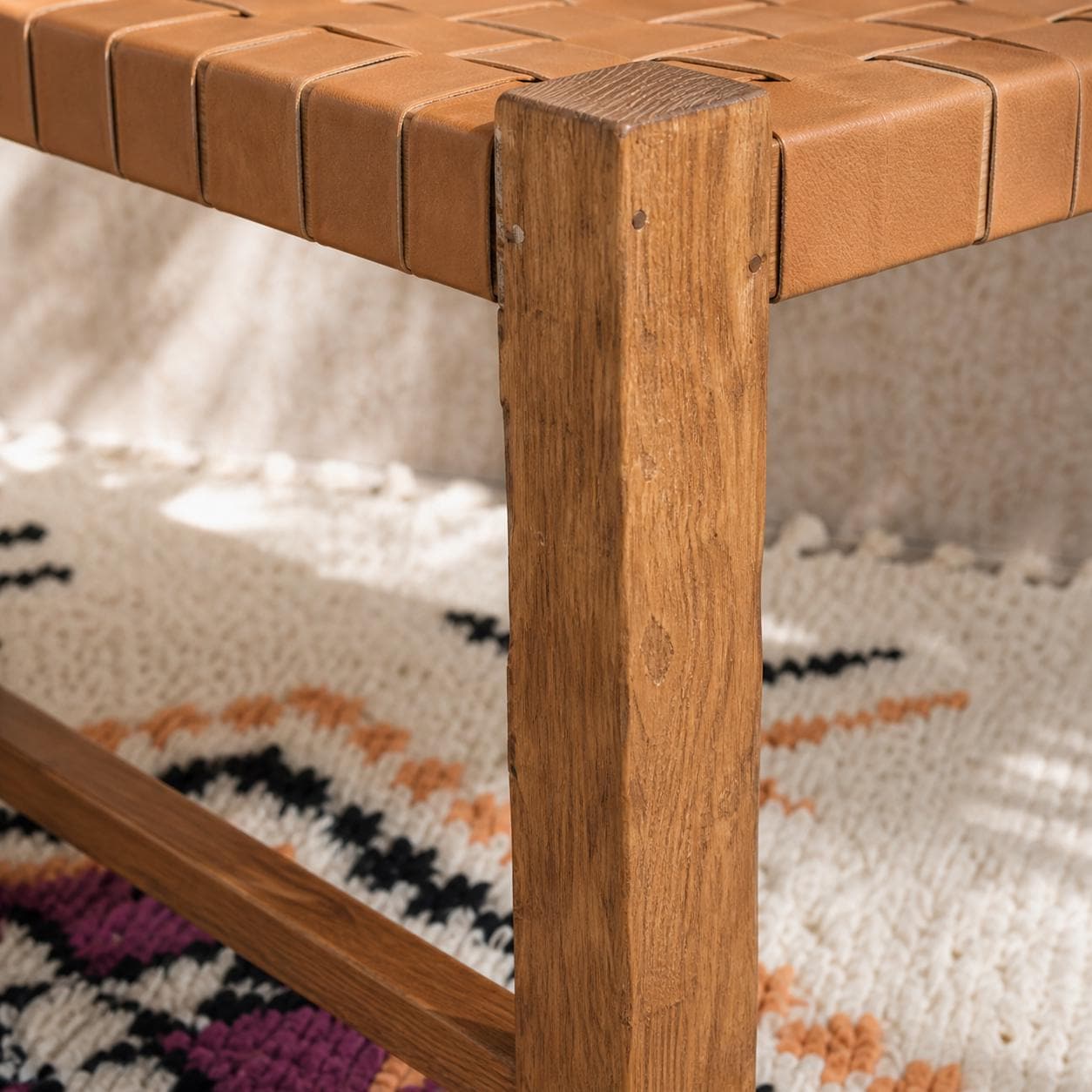 Moroccan Wooden Bench — paired with neutral home decor