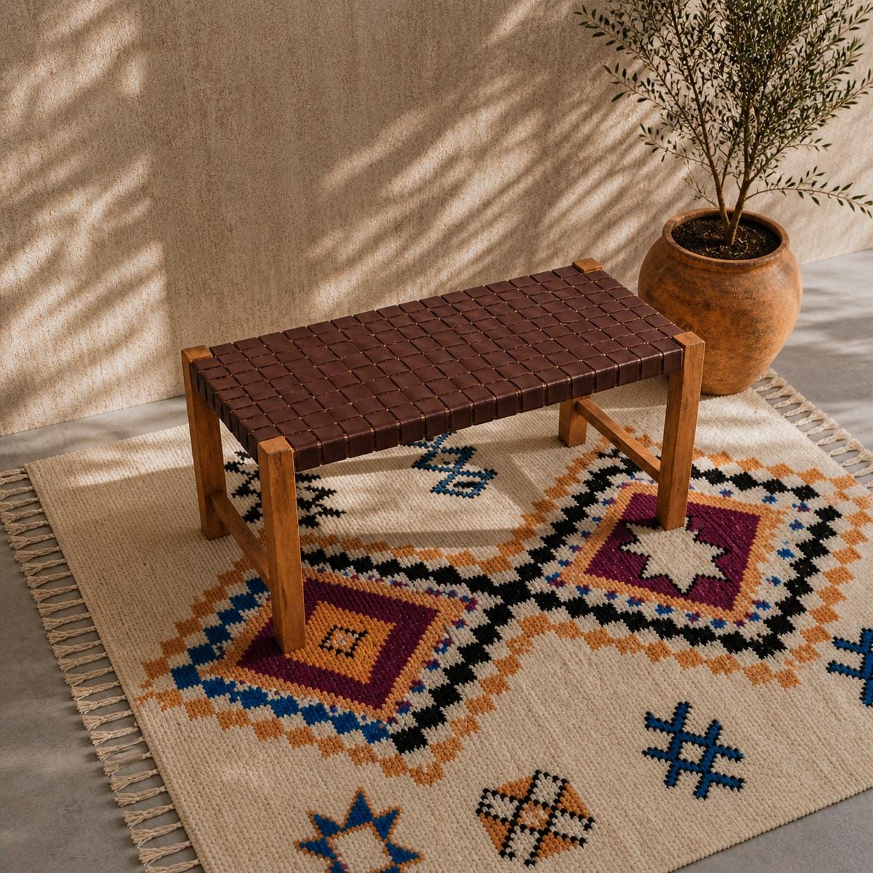 Moroccan Wooden Bench — three-quarter angle