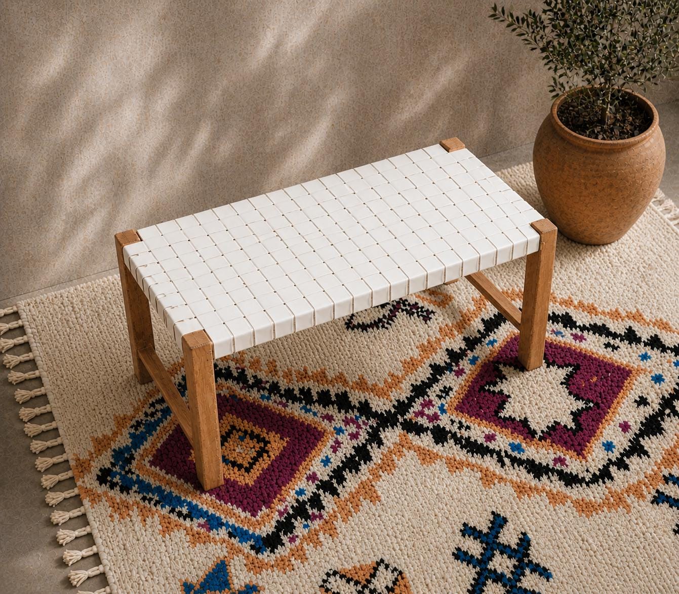 Moroccan Wooden Bench — paired with neutral home decor