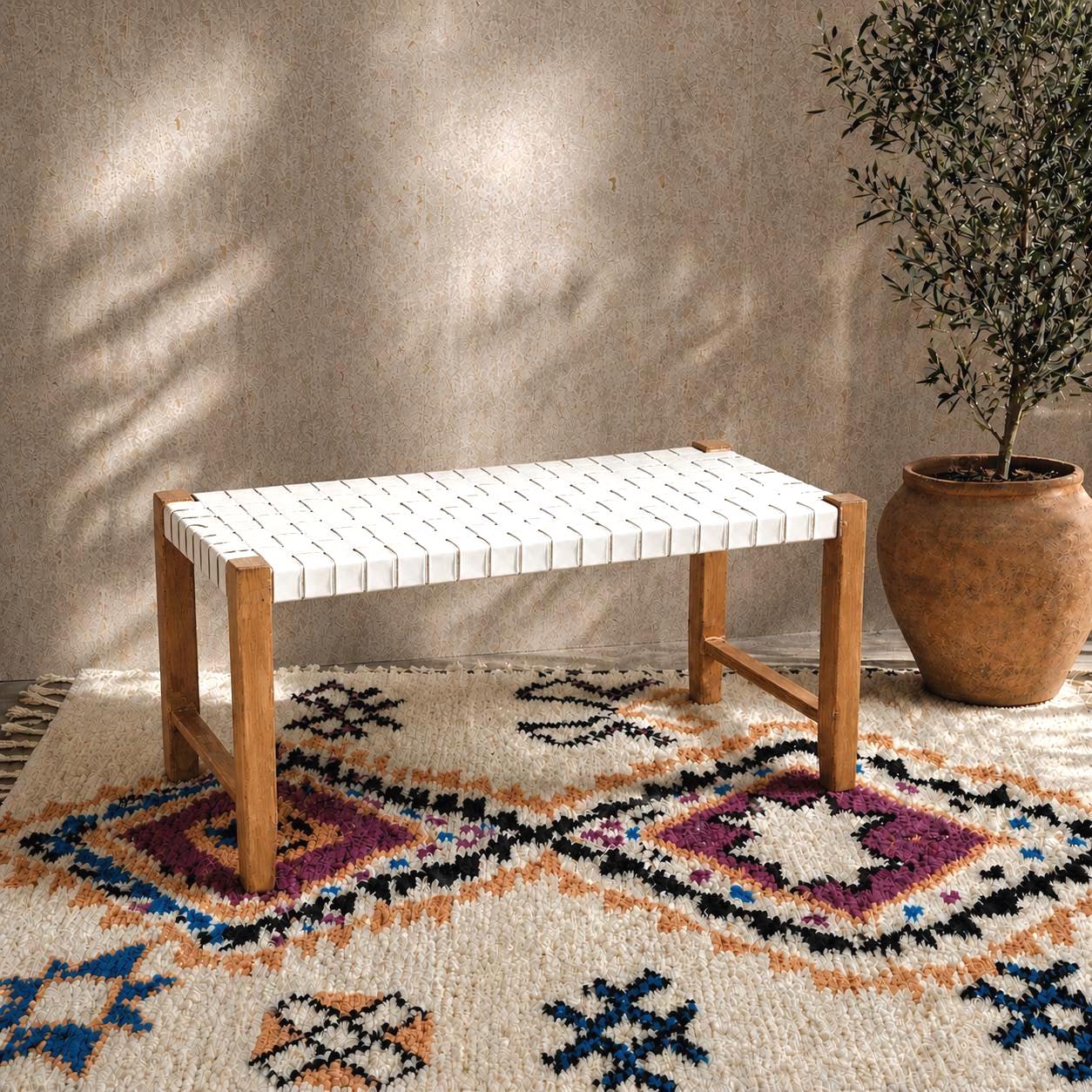 Moroccan Wooden Bench — Upholstered Berber Style