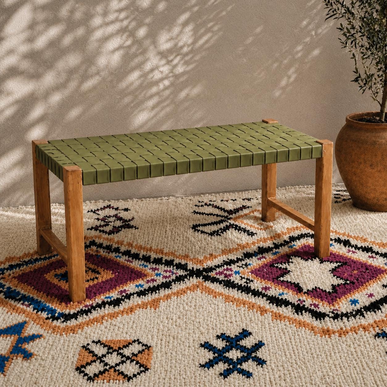 Moroccan Wooden Bench — back view of solid wood construction
