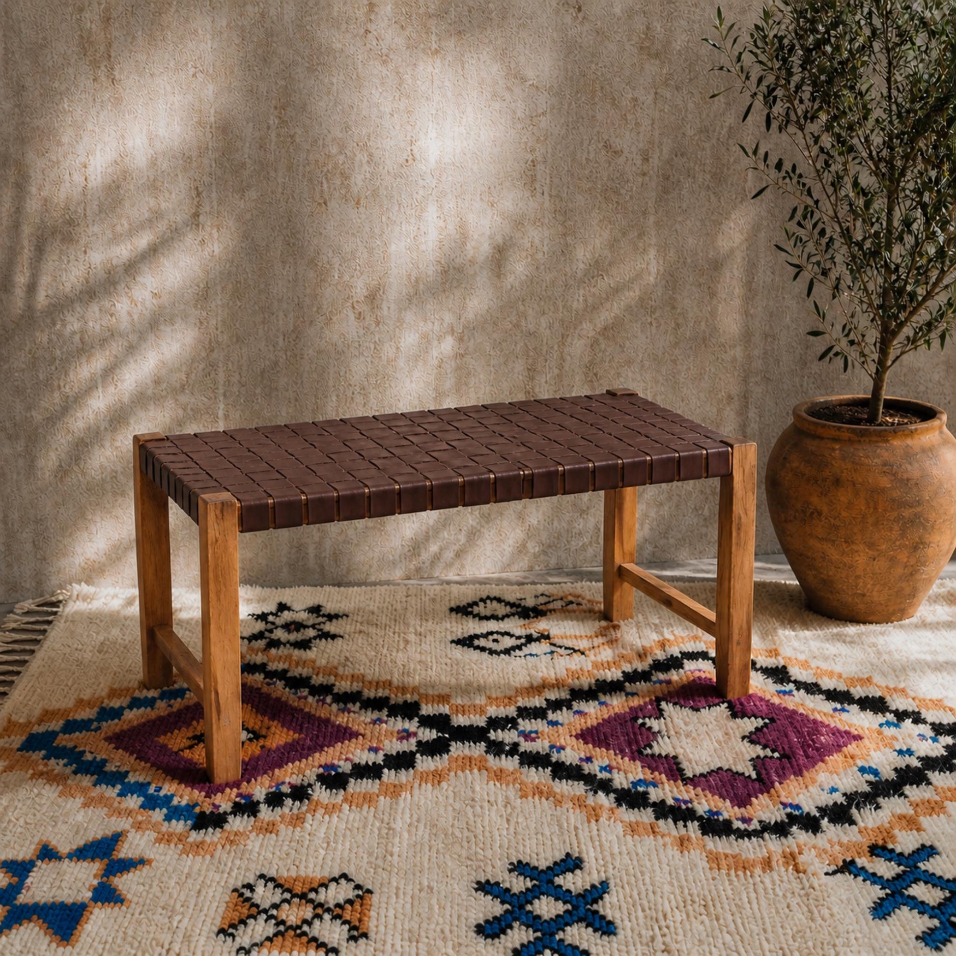 Moroccan Wooden Bench — close-up showing handmade quality