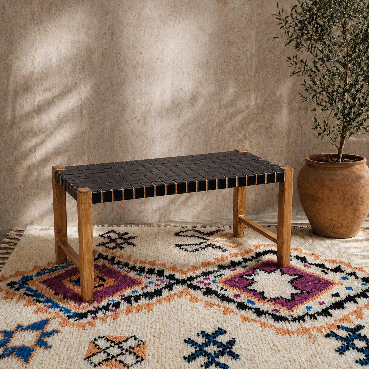 Moroccan Wooden Bench — accent piece in bohemian interior