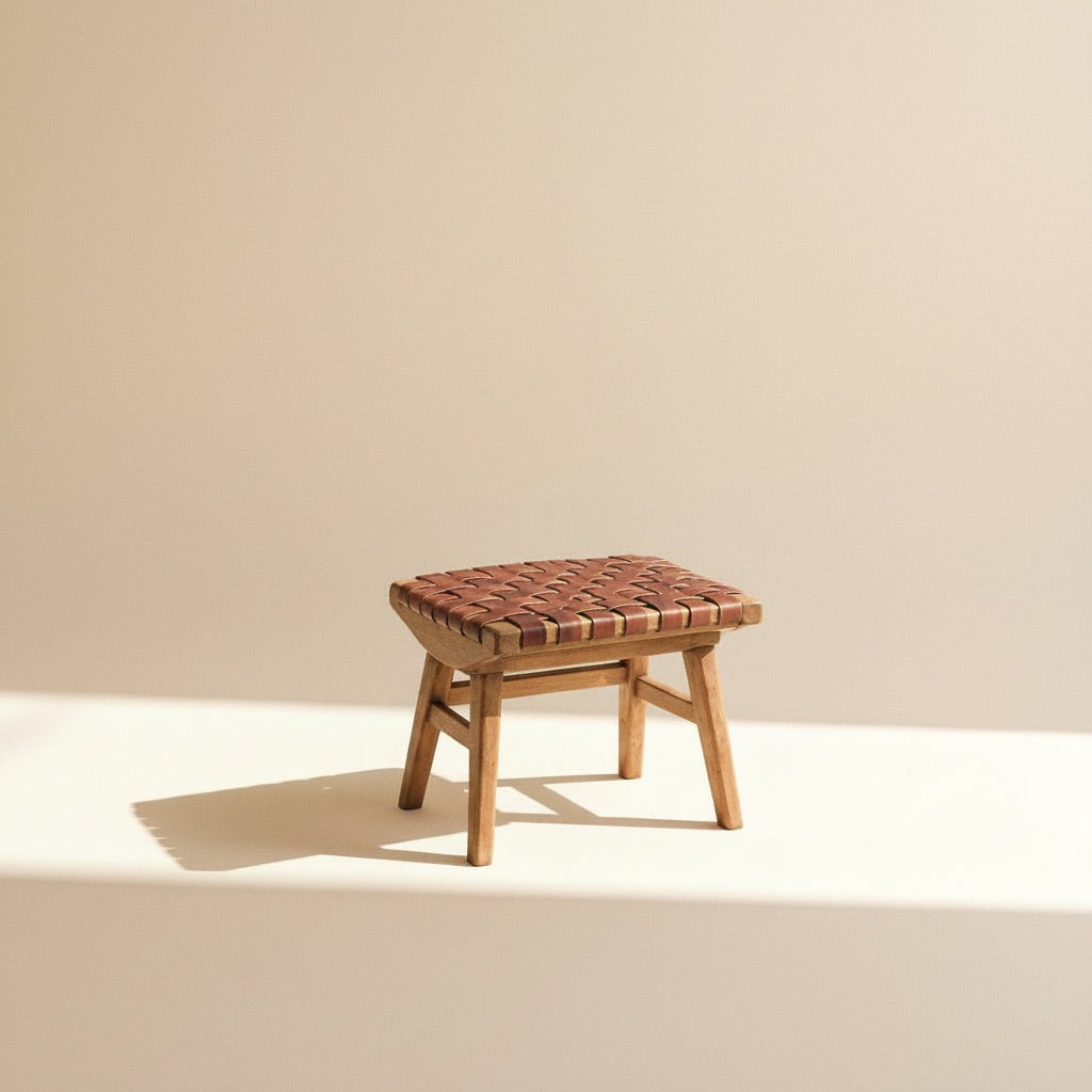 Moroccan Foot Stool — Wooden Leather Ottoman