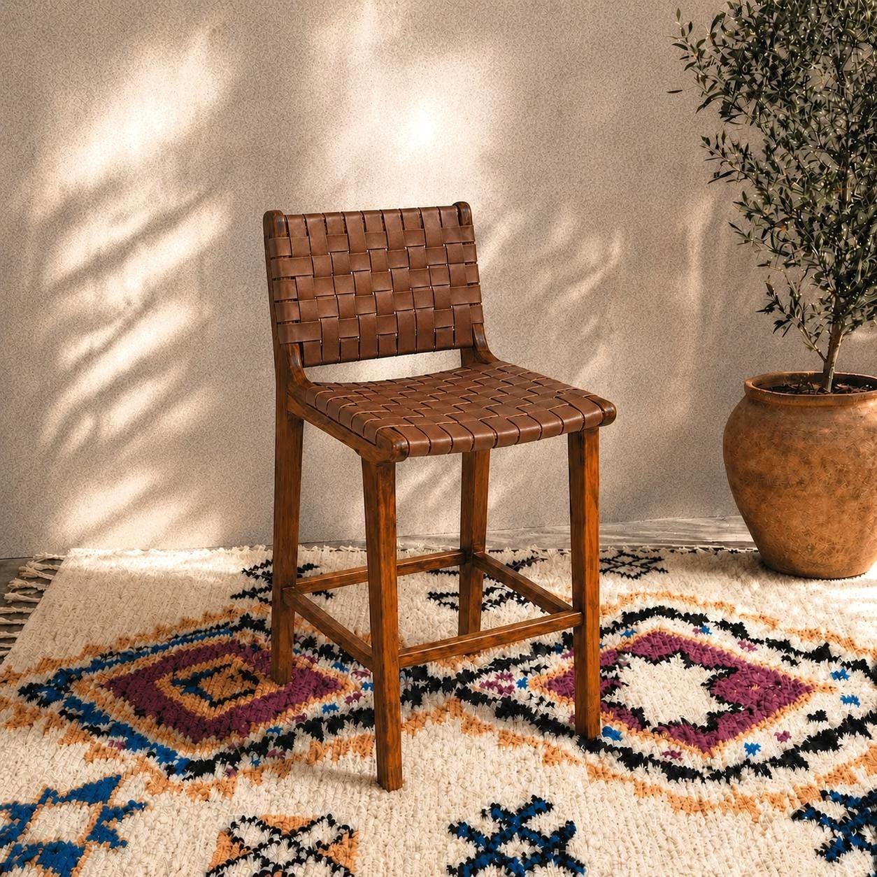 Moroccan Bar Chair — Leather Wooden Counter Stool